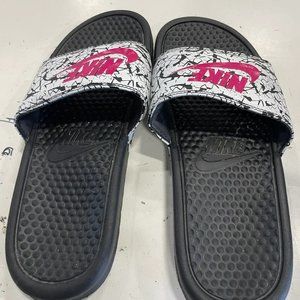 Nike Benassi Womens Black White Print Slip On Slides Sandal Size 9